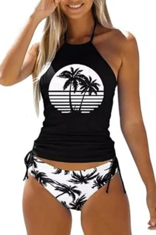 Women's Funny Graphic Drawstring Halter Two Piece Tankini Set Summer Swimwear Beach Vacation Swimsuits