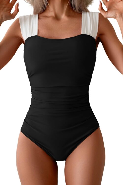 Womens One Piece Swimsuit Retro Square Neck Tummy Control Bathing Suits Ruched Modest Full Coverage Swimwear