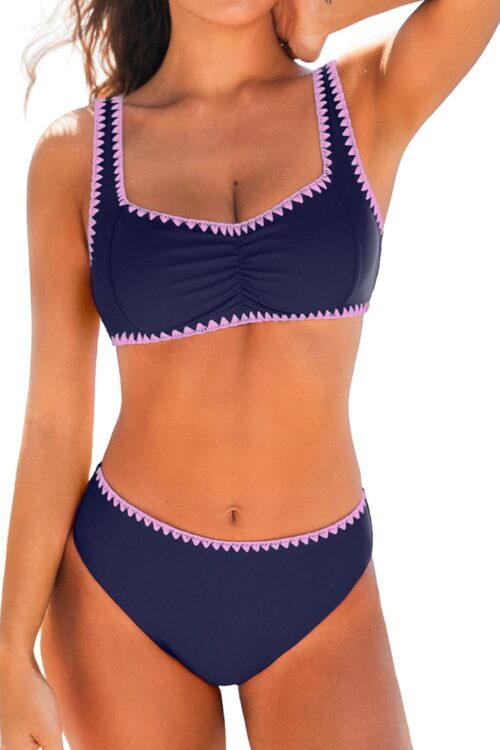 Women's Bikini Sets Sweetheart Neck Adjustable Wide Straps Swimsuit Stitching Bathing Suit Mid Rise