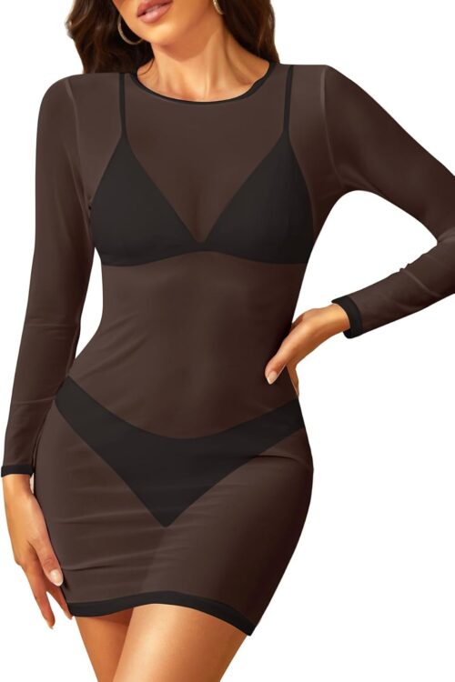 Women's Sexy Sheer Mesh Swimsuit Cover up with Long Sleeves Beach Dress Bodycon Style