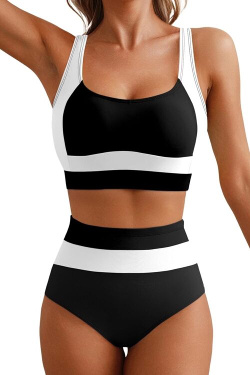 Women 2 Piece High Waisted Bikini Sets Colorblock Sporty Swimsuits Wide Straps Bathing Suit 2026 Summer Swimwear