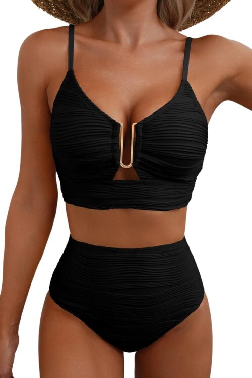 2 Piece Bikini Set U-Wire Cutout Popular Swimsuit High Waisted Textured 2026 Summer Beach Swim Bathing Suits