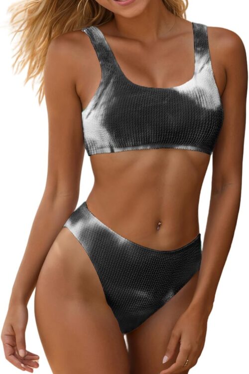 Women's Ribbed Two Piece Bikini Sets Wide Shoulder Strap Top Swimsuit with Mid Waist Cheeky Bathing Suit