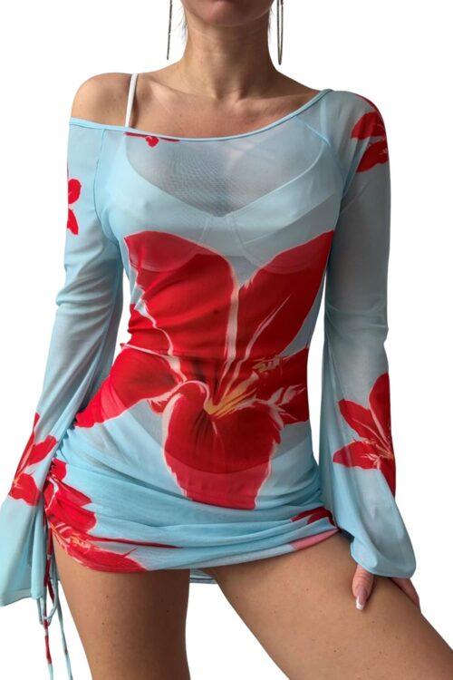 Womens Swimsuit Cover Up Dress Off Shoulder Hollow Coverup Bathing Suit Mesh Swim Beach Dress