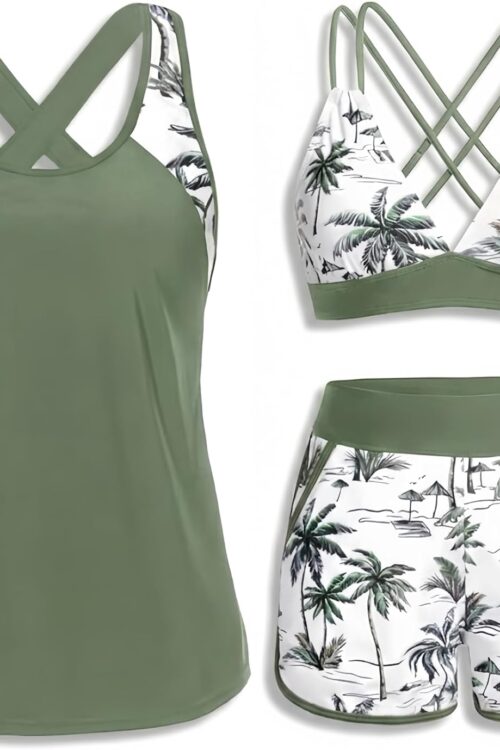 Women 3 Piece Tankini Swimsuits - Tummy Control Tank Top with Bra Modest Bathing Suit with Pockets Boyshorts Bottom 2026