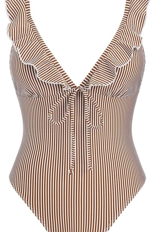 Vintage Striped Ruffles Trim Tied Plunging Neck One-Piece Swimsuit