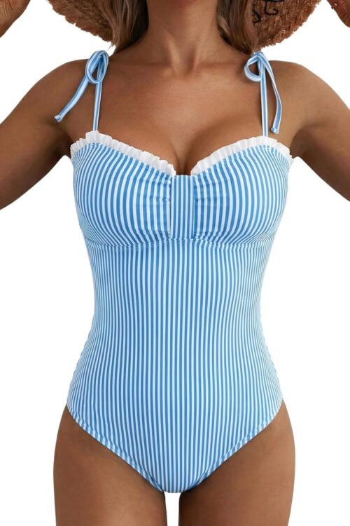 Women’s Striped One Piece Swimsuits Tie Shoulder High Cut Tummy Control Bathing Suit 2026 Summer Beach Swimwear