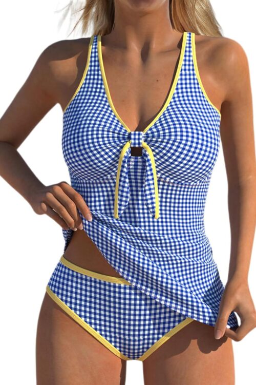 Contrast Binding Tankini Swimsuits for Women, Two Piece Cute Bathing Suits, Bowknot Top with Mid Rise Briefs