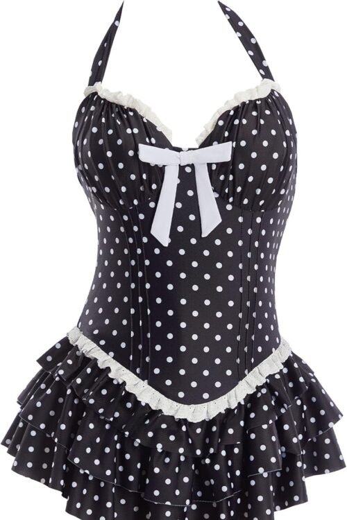 Women One Piece Swimsuits 90's Vintage Retro Princess-Style Black Polka-dot Tummy Control Bathing Suit