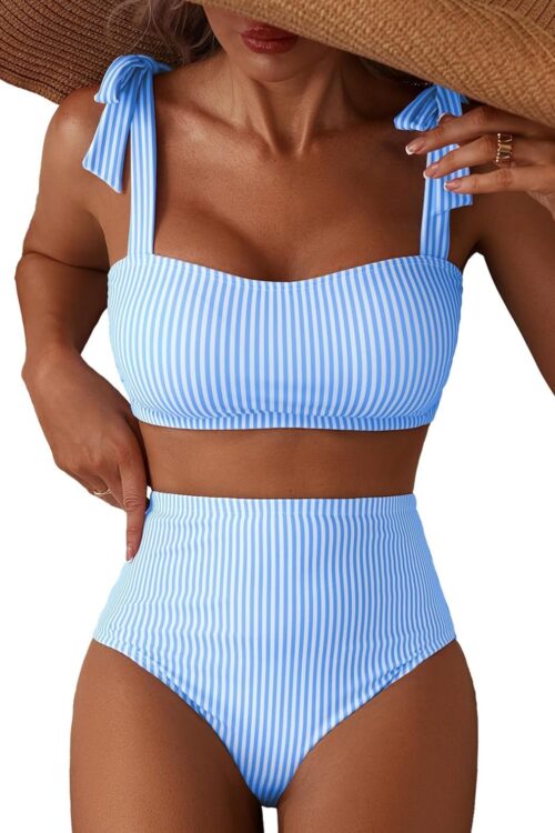 Women's Tie Shoulder Bikini Sets 2 Piece Striped Swimsuits High Waisted Bathing Suits