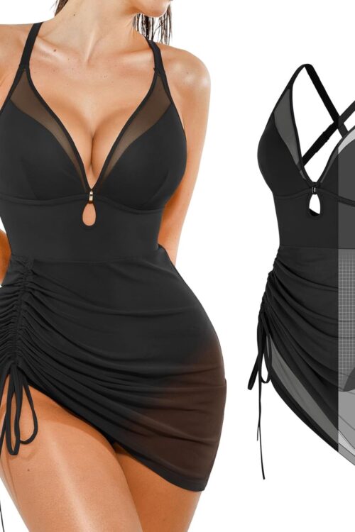 Swim Dress for Women One Piece Swimsuits Tummy Control Slimming Mesh Sheer Sarong Wraps Bathing Suits