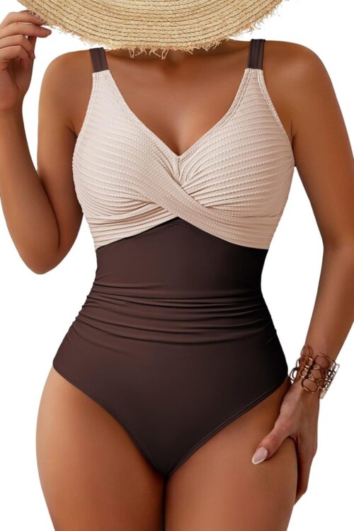 Women One Piece Swimsuit 2026 Patchwork Twist Front V Neck Ruched Tummy Control Swimwear Bathing Suits