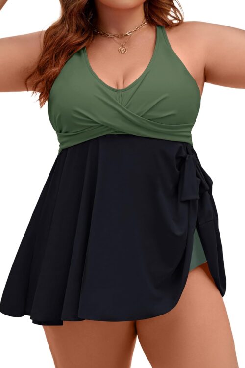 Womens Plus Size Tankini Swimsuit Two Piece Tummy Control Bathing Suits Swim Dress Swimwear with Shorts