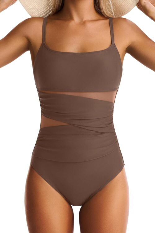 One Piece Swimsuit for Women Tummy Control Mesh Bathing Suits Sexy Push Up Swimsuits Slimming Square Neck Swimwear