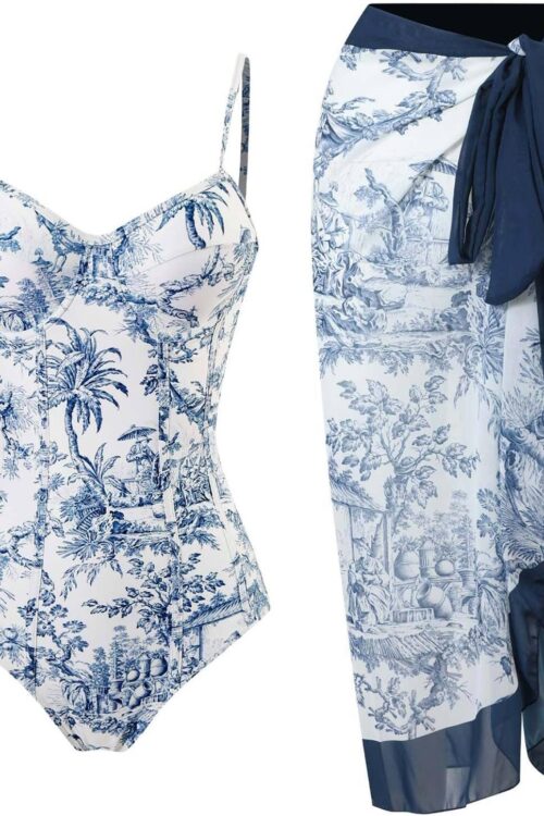 Women Retro Deep Plunging One Piece Monokini Swimwear with Sarong 2 pcs Set