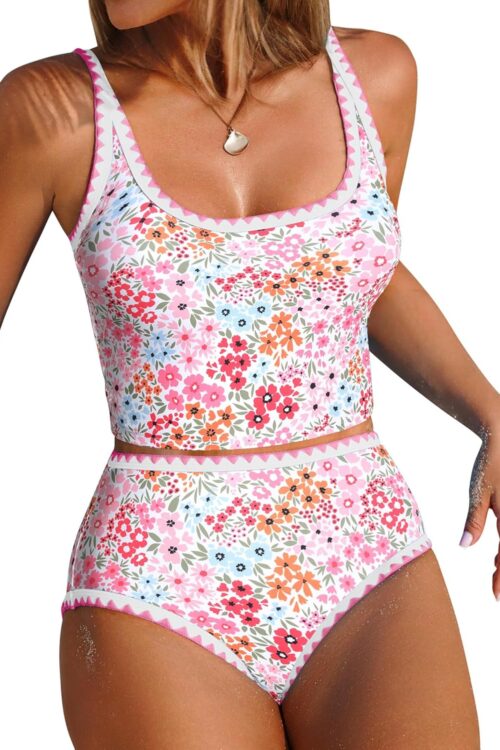Tankini Swimsuit Tummy Control Bathing Suits Two Piece Swim Top with High Waisted Bottom