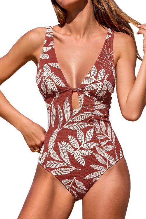 Women's One Piece Swimsuit Deep V Neck Keyhole Cutout O Ring Textured Bathing Suit