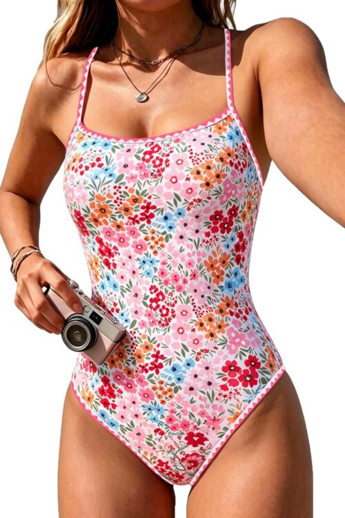 Womens One Piece Swimsuit Tummy Control Modest Bathing Suit Teen Girls Swim Suit Cute Floral Swimwear