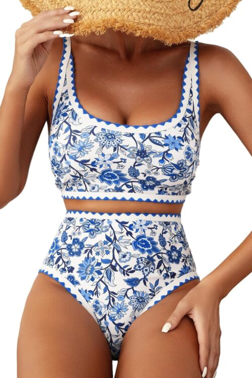 Women's Bikini Sets Floral Print Whip Stitch 2 Piece Swimsuits High Waisted Scoop Bathing Suits