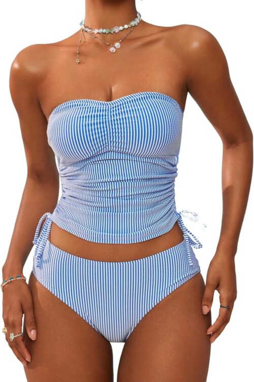 Women's Bandeau Tankini Swimsuit Asymmetrical Slit Bowknot String High Cut Fairyland Cheeky Bathing Suit