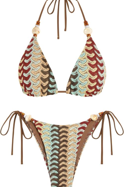 Women's Bikini Sets Beads Triangle Swimsuits 2 Piece String High Cut Cheeky Bathing Suits
